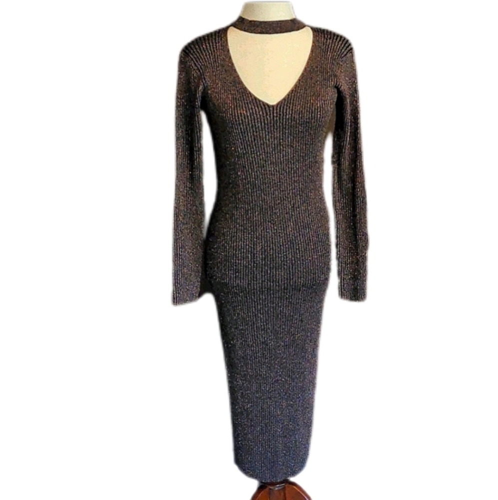 Kate C. long sleeve mock choker Ribbed Metallic Sweater dress M